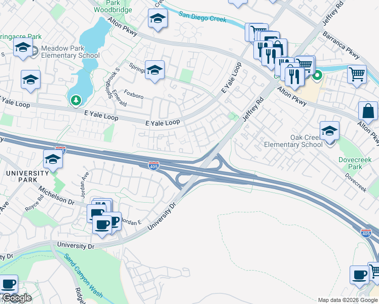 map of restaurants, bars, coffee shops, grocery stores, and more near 28 Springflower in Irvine