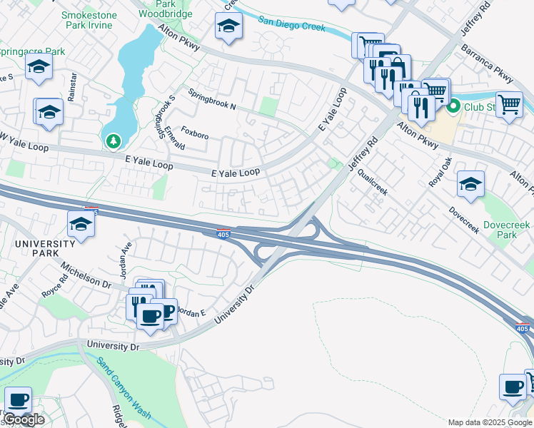 map of restaurants, bars, coffee shops, grocery stores, and more near 69 Fallingstar in Irvine