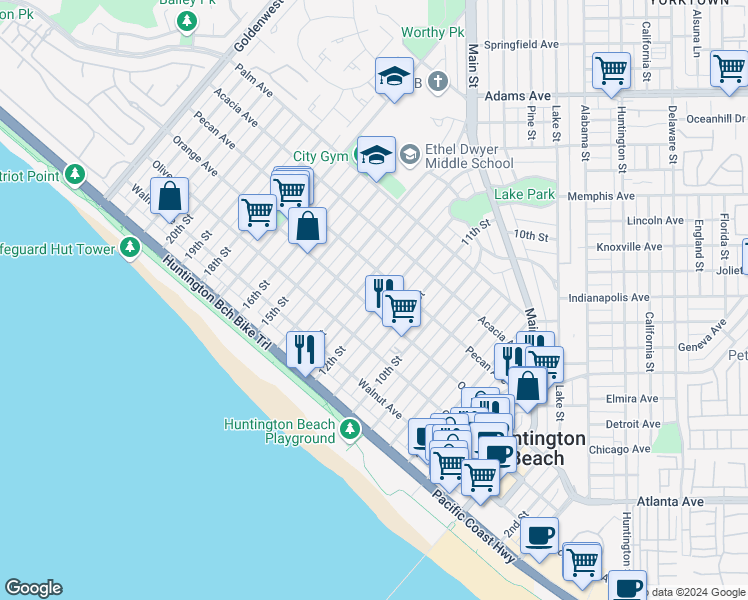 map of restaurants, bars, coffee shops, grocery stores, and more near 322 13th Street in Huntington Beach