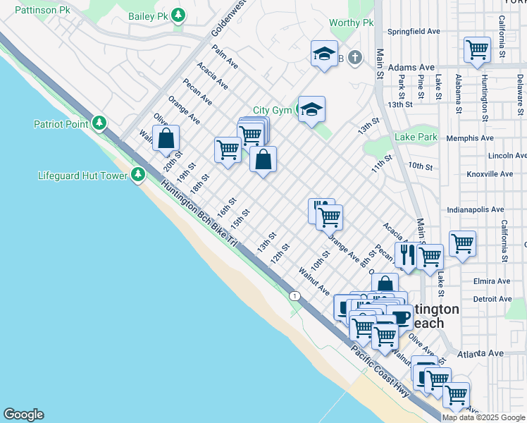 map of restaurants, bars, coffee shops, grocery stores, and more near 302 14th Street in Huntington Beach