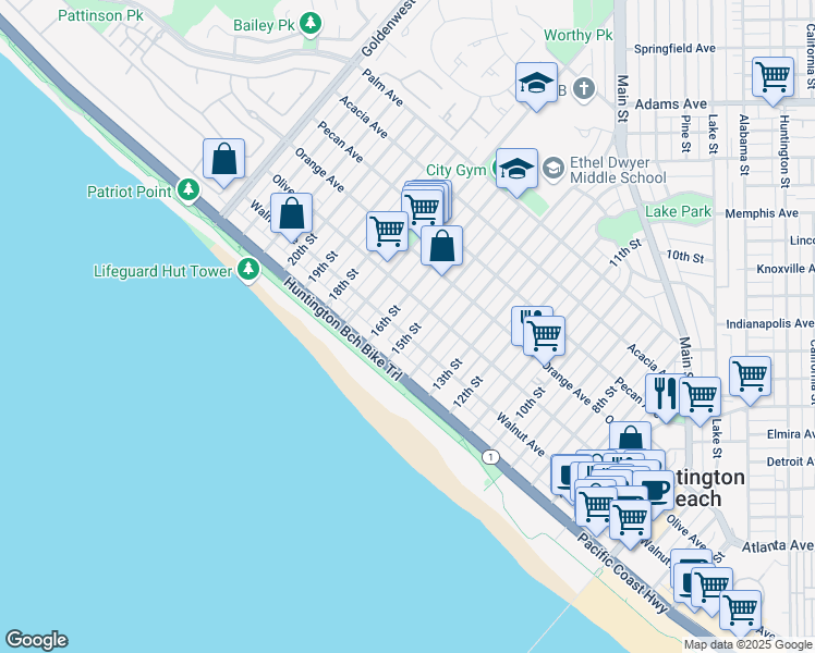 map of restaurants, bars, coffee shops, grocery stores, and more near 206 15th Street in Huntington Beach