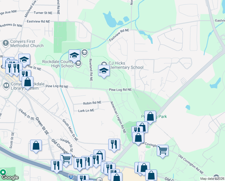 map of restaurants, bars, coffee shops, grocery stores, and more near 1357 Pine Logging Road Northeast in Conyers