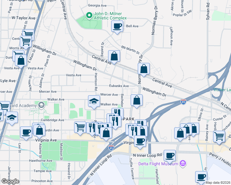 map of restaurants, bars, coffee shops, grocery stores, and more near 1318 Mercer Avenue in Atlanta