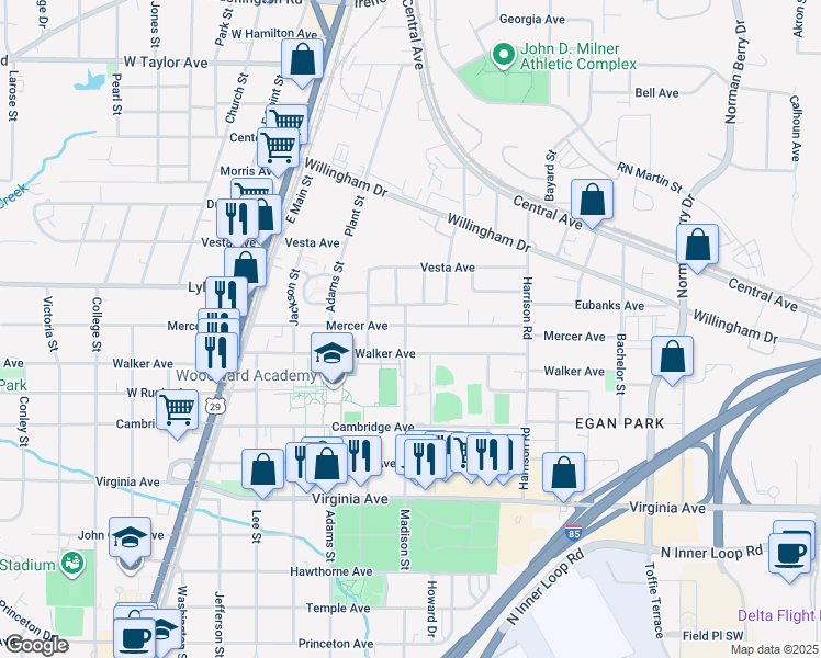 map of restaurants, bars, coffee shops, grocery stores, and more near 3330 Madison Street in College Park