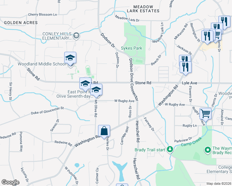 map of restaurants, bars, coffee shops, grocery stores, and more near 2621 West Rugby Avenue in East Point