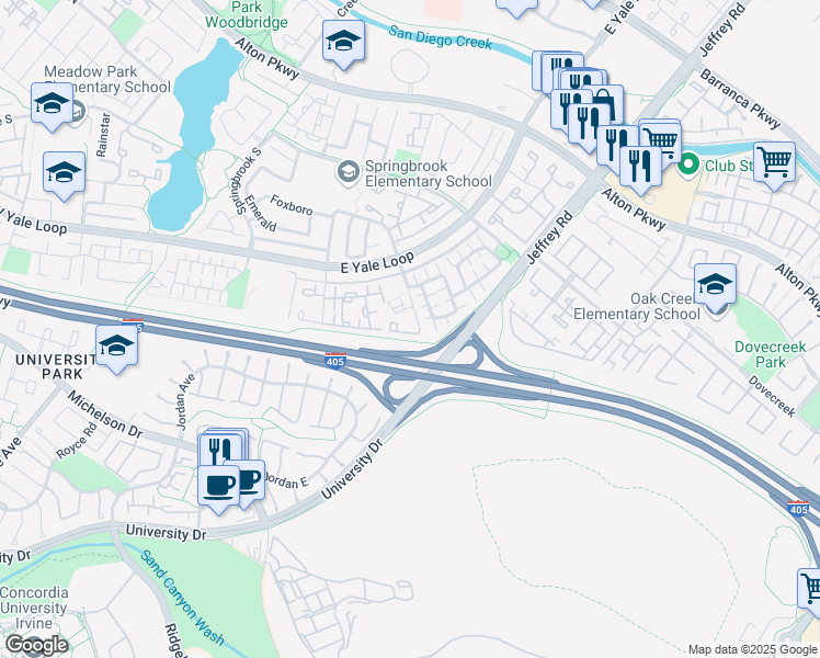 map of restaurants, bars, coffee shops, grocery stores, and more near 11 Fallingstar in Irvine