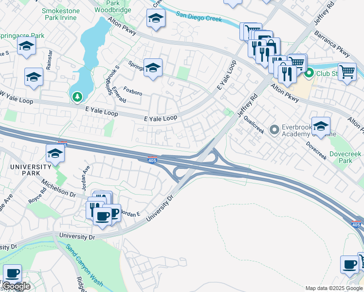 map of restaurants, bars, coffee shops, grocery stores, and more near 109 Fallingstar in Irvine