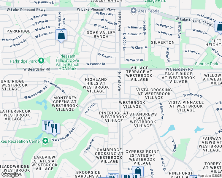 map of restaurants, bars, coffee shops, grocery stores, and more near 19818 North 92nd Avenue in Peoria