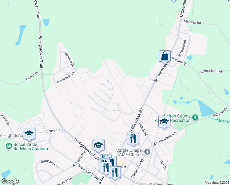 map of restaurants, bars, coffee shops, grocery stores, and more near 700 Park Place Way in Social Circle