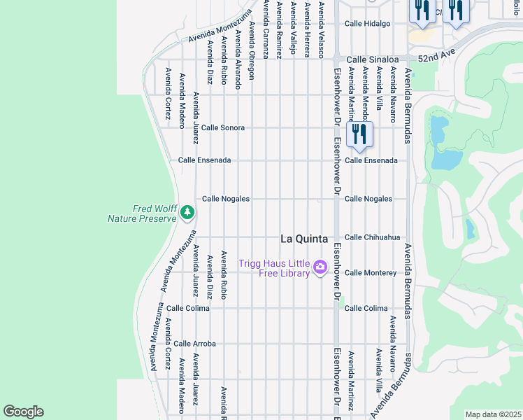 map of restaurants, bars, coffee shops, grocery stores, and more near 52813 Avenue Carranza in La Quinta