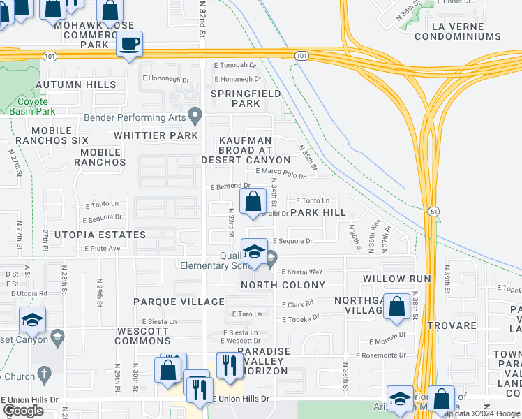 map of restaurants, bars, coffee shops, grocery stores, and more near 3342 East Oraibi Drive in Phoenix