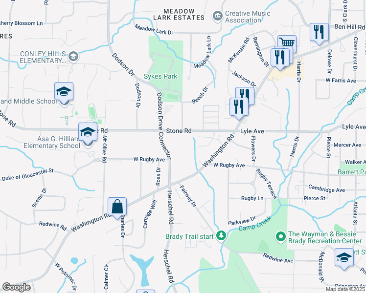 map of restaurants, bars, coffee shops, grocery stores, and more near 2504 Stone Road in East Point