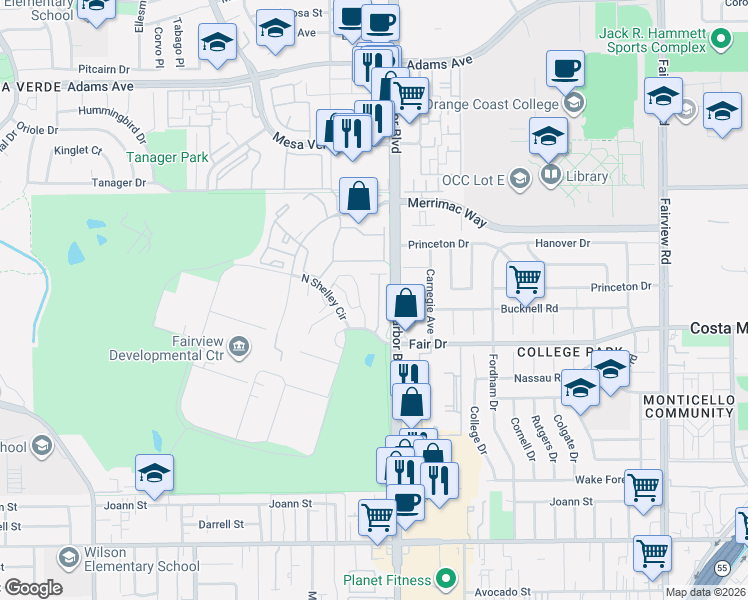 map of restaurants, bars, coffee shops, grocery stores, and more near 2514 Harbor Boulevard in Costa Mesa