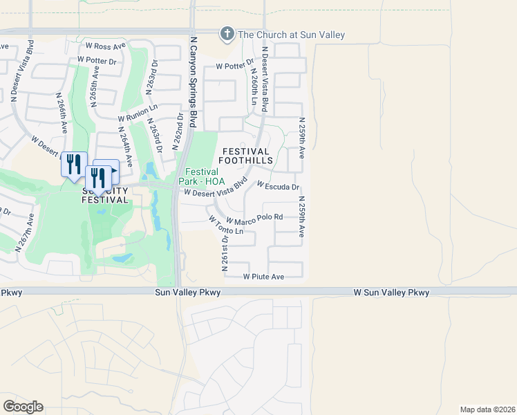 map of restaurants, bars, coffee shops, grocery stores, and more near 19857 North 260th Drive in Buckeye