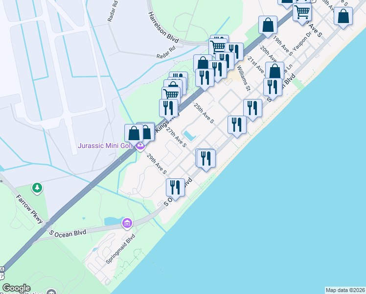 map of restaurants, bars, coffee shops, grocery stores, and more near 2716 South Key Largo Circle in Myrtle Beach