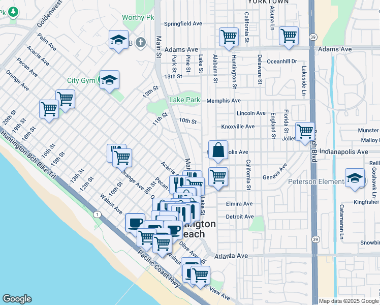 map of restaurants, bars, coffee shops, grocery stores, and more near 722 Main Street in Huntington Beach