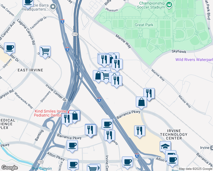 map of restaurants, bars, coffee shops, grocery stores, and more near 185 Technology Drive in Irvine