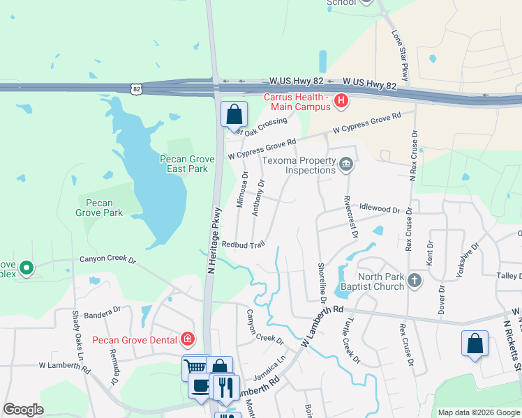 map of restaurants, bars, coffee shops, grocery stores, and more near 3000 Redbud Trail in Sherman