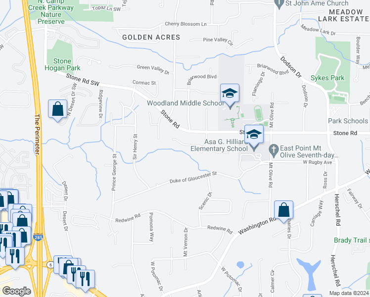 map of restaurants, bars, coffee shops, grocery stores, and more near 2948 Duke of Windsor Street in East Point