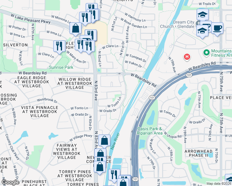 map of restaurants, bars, coffee shops, grocery stores, and more near 8120 West Tonto Lane in Peoria