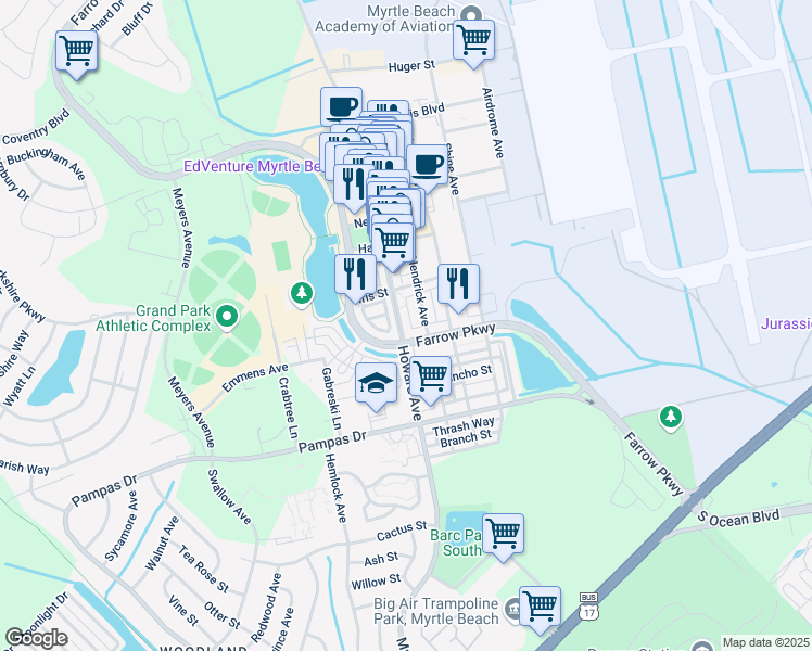 map of restaurants, bars, coffee shops, grocery stores, and more near 2790 Howard Avenue in Myrtle Beach