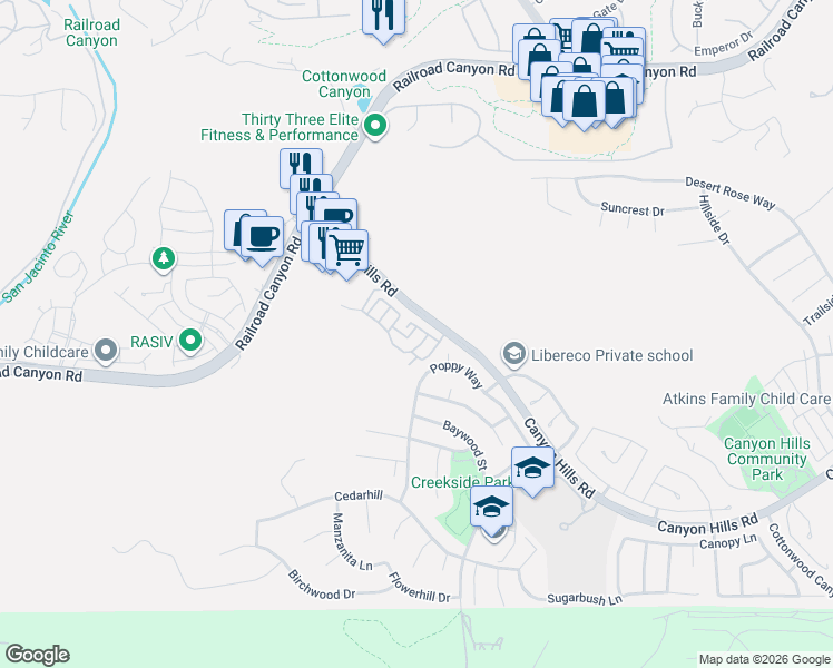 map of restaurants, bars, coffee shops, grocery stores, and more near 30505 Canyon Hills Road in Lake Elsinore