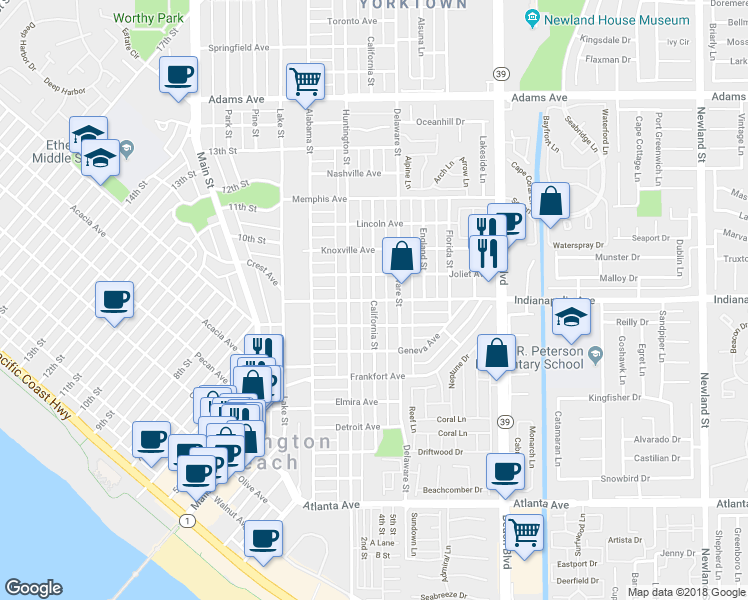 map of restaurants, bars, coffee shops, grocery stores, and more near Indianapolis Avenue & California Street in Huntington Beach