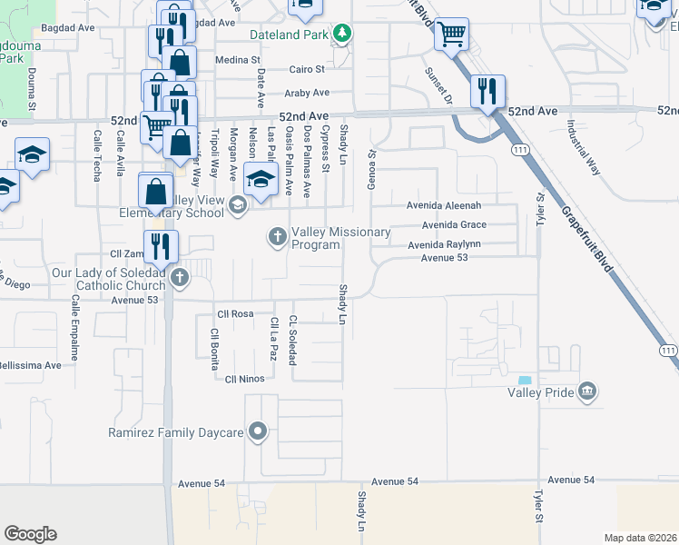 map of restaurants, bars, coffee shops, grocery stores, and more near 85576 Stacie Lane in Coachella