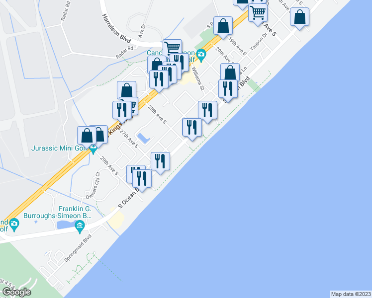 map of restaurants, bars, coffee shops, grocery stores, and more near 2511 South Ocean Boulevard in Myrtle Beach