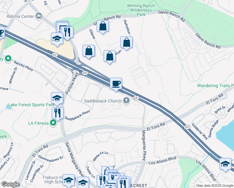 map of restaurants, bars, coffee shops, grocery stores, and more near 1 Saddleback Parkway in Lake Forest