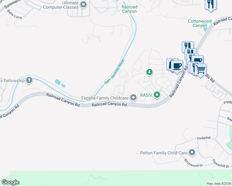 map of restaurants, bars, coffee shops, grocery stores, and more near 24073 Elderberry Lane in Lake Elsinore