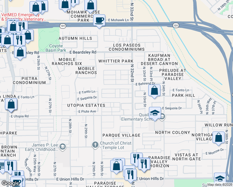 map of restaurants, bars, coffee shops, grocery stores, and more near 19602 North 32nd Street in Phoenix