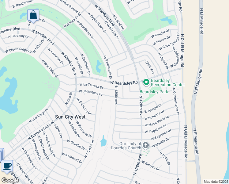 map of restaurants, bars, coffee shops, grocery stores, and more near 13002 West Jadestone Drive in Sun City West