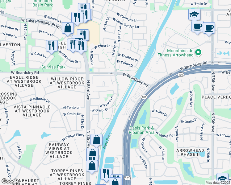 map of restaurants, bars, coffee shops, grocery stores, and more near 8120 West Tonto Lane in Peoria