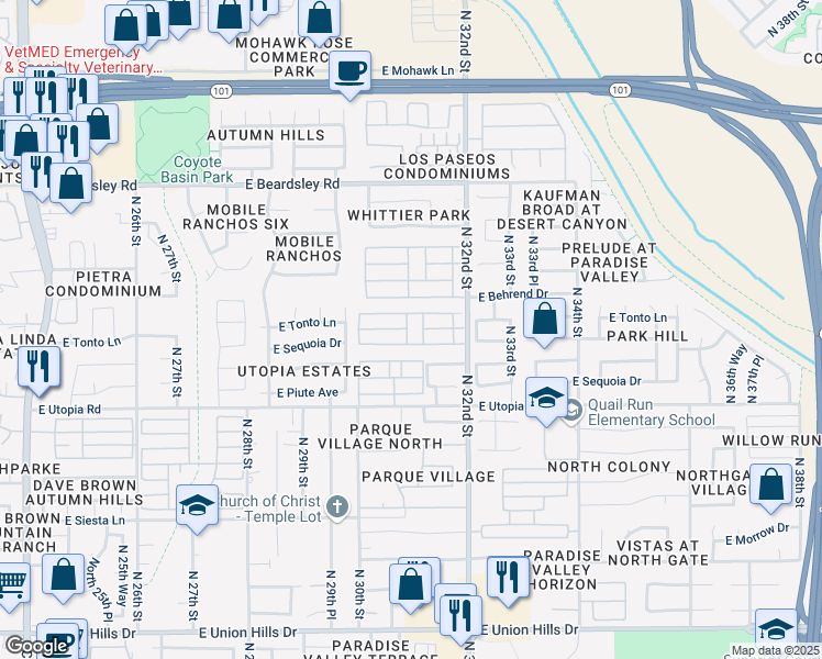 map of restaurants, bars, coffee shops, grocery stores, and more near 19602 North 32nd Street in Phoenix