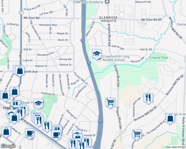 map of restaurants, bars, coffee shops, grocery stores, and more near Highway 401 in Hapeville