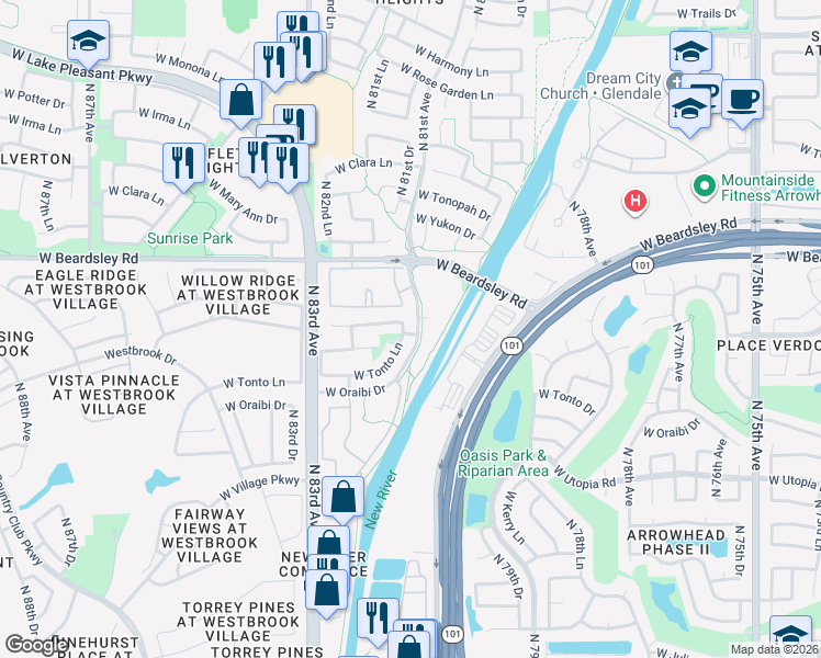 map of restaurants, bars, coffee shops, grocery stores, and more near 8120 West Tonto Lane in Peoria