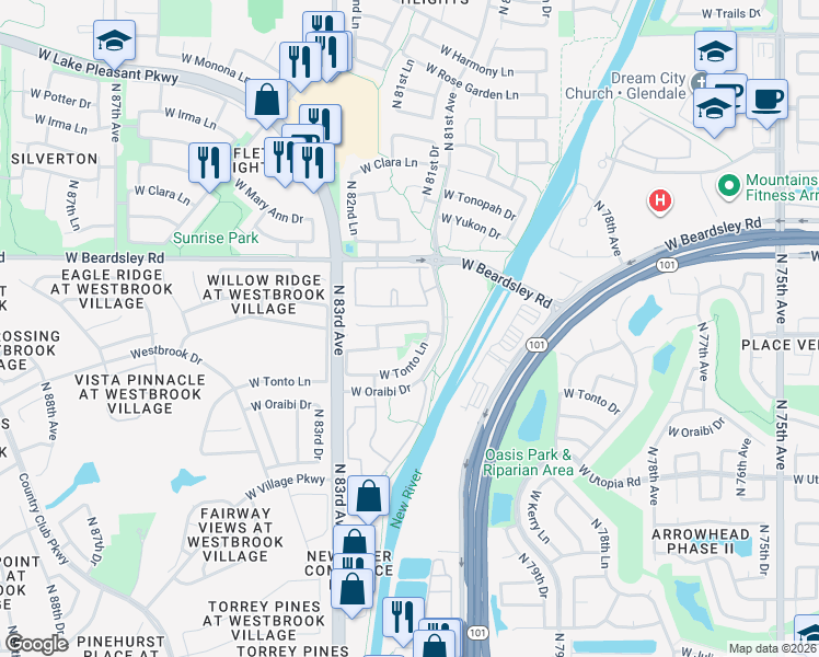 map of restaurants, bars, coffee shops, grocery stores, and more near 8120 West Tonto Lane in Peoria