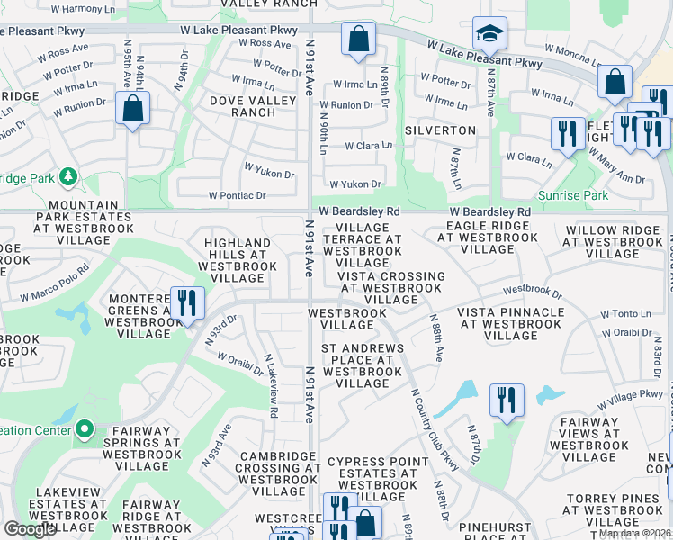 map of restaurants, bars, coffee shops, grocery stores, and more near 19811 North 90th Lane in Peoria