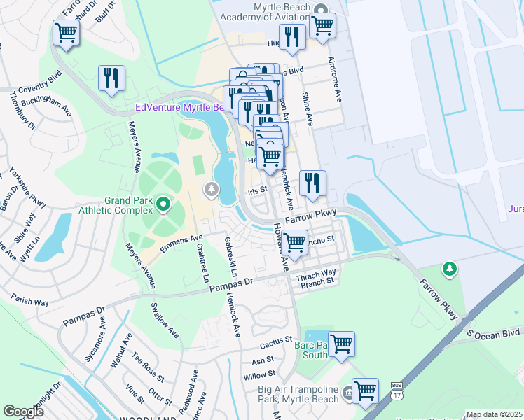 map of restaurants, bars, coffee shops, grocery stores, and more near 730 Farrow Parkway in Myrtle Beach