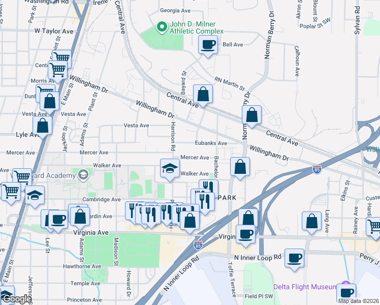 map of restaurants, bars, coffee shops, grocery stores, and more near 1356 Mercer Avenue in East Point