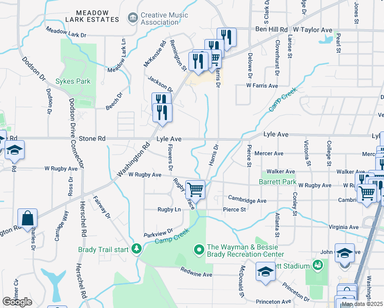 map of restaurants, bars, coffee shops, grocery stores, and more near 2240 Palmour Court in College Park