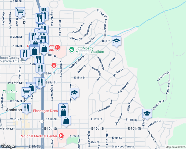 map of restaurants, bars, coffee shops, grocery stores, and more near 815 E 15th St in Anniston