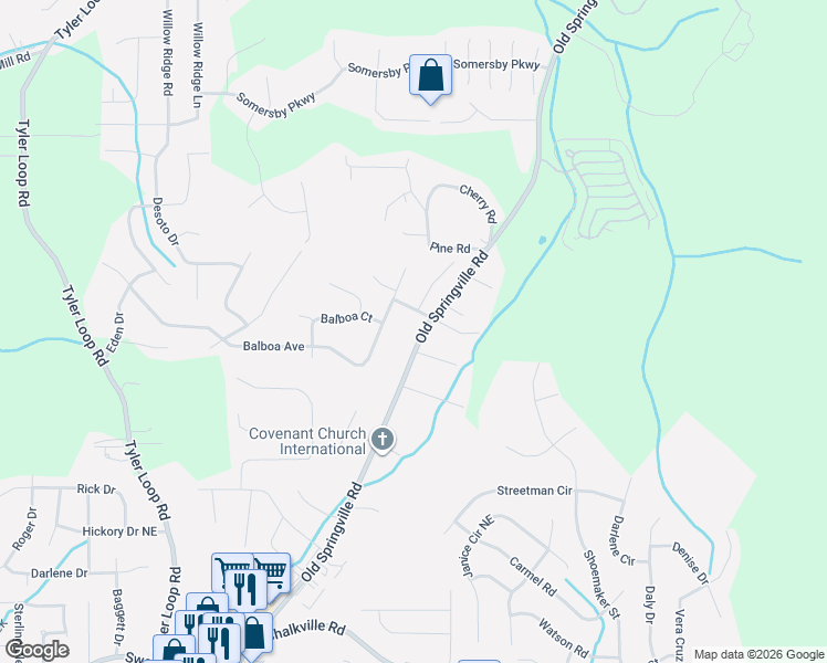 map of restaurants, bars, coffee shops, grocery stores, and more near 5518 Old Springville Road in Pinson