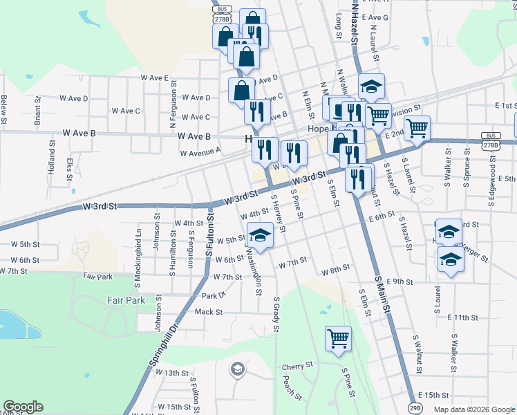 map of restaurants, bars, coffee shops, grocery stores, and more near 416 South Grady Street in Hope