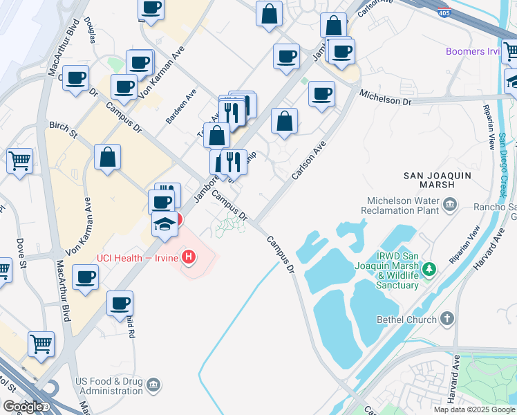map of restaurants, bars, coffee shops, grocery stores, and more near 2257 Watermarke Place in Irvine