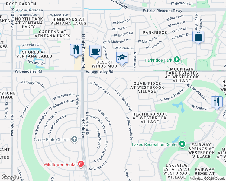 map of restaurants, bars, coffee shops, grocery stores, and more near 19826 North Pine Springs Drive in Sun City