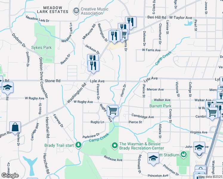 map of restaurants, bars, coffee shops, grocery stores, and more near 2240 Palmour Court in College Park