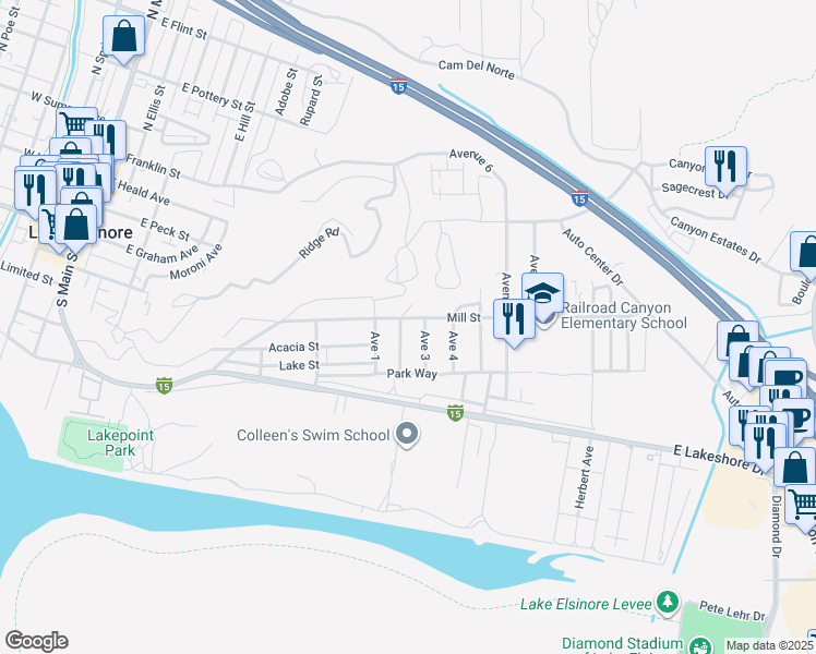 map of restaurants, bars, coffee shops, grocery stores, and more near 378 Avenue 2 in Lake Elsinore