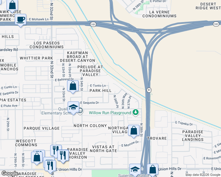 map of restaurants, bars, coffee shops, grocery stores, and more near 19621 North 36th Street in Phoenix